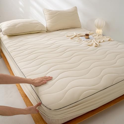 JIALIANG 一体型ボックスシーツ 120 x 200 + 30 cm ベージュ 薄型 軽量 敷きパッド オールシーズン快適 ベッドパッド 吸汗 速乾 全周ゴム付き 洗える ホテル仕様 含む 2 枕カバー