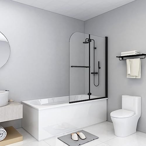 Mampara de ducha corredera, cabina de ducha plegable 2 paneles ESG 95 x 140 cm negro puerta de ducha para bañera, ahorra espacio