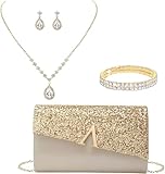 YYW 4 Pieces Women Evening Handbags Clutch Purses Shoulder Bag with Rhinestone Jewelry Set for Party Wedding(Gold)