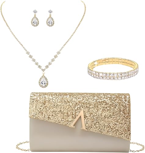 YYW 4 Pieces Women Evening Handbags Clutch Purses Shoulder Bag with Rhinestone Jewelry Set for Party Wedding(Gold)