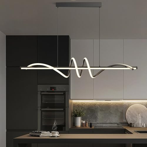 USOR 120cm Linear Pendant Light, LED Dimmable Modern Chandelier Black Pendant Lights Kitchen Island with Remote Control Wave Aluminum Ceiling Lamp Island Lighting Fixture for Dining Kitchen 3000-6000K