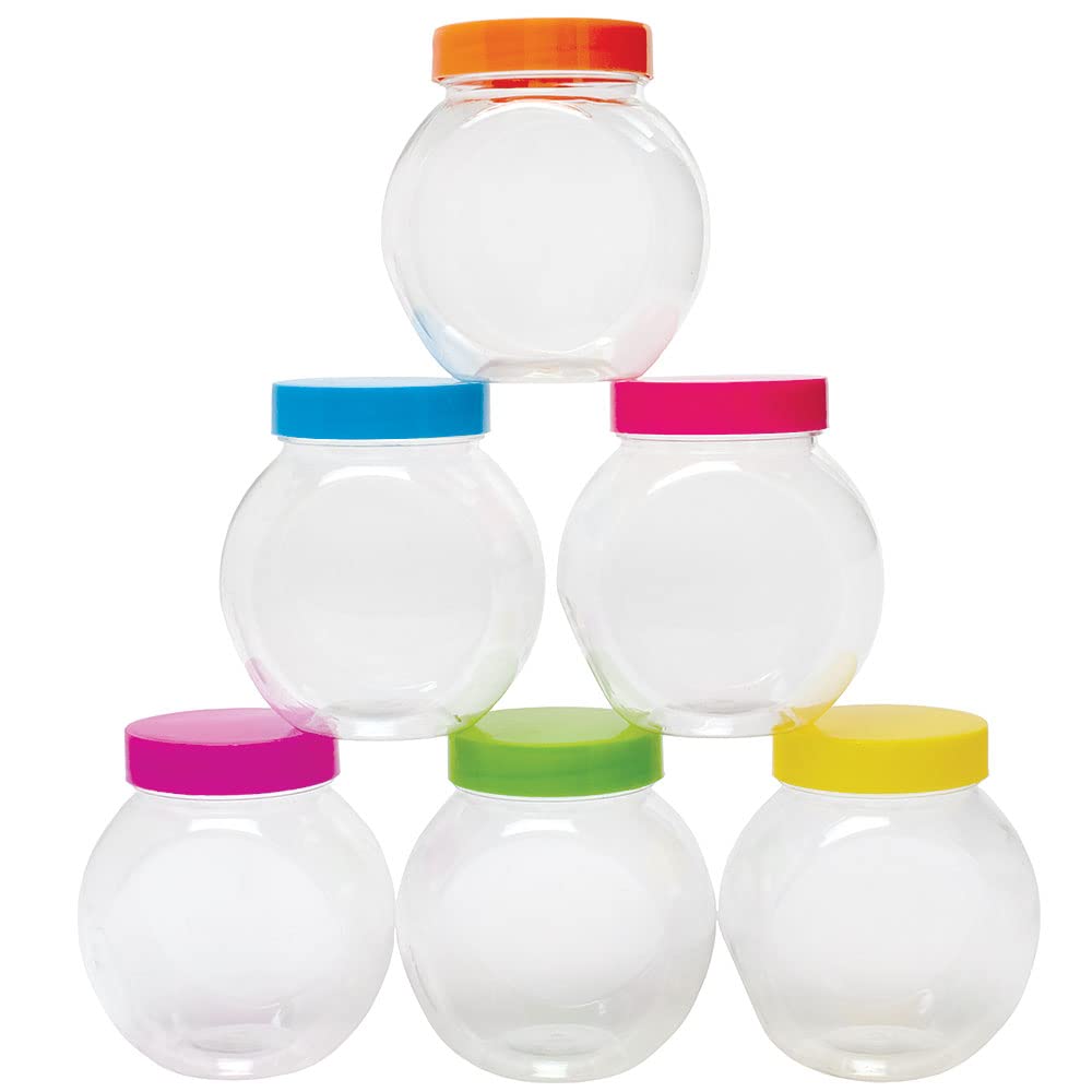 Baker Ross FC889 Storage Jars with Coloured Lids - Pack of 6, Craft Storage Containers with Lids, Jar for Small Beads and Sequins