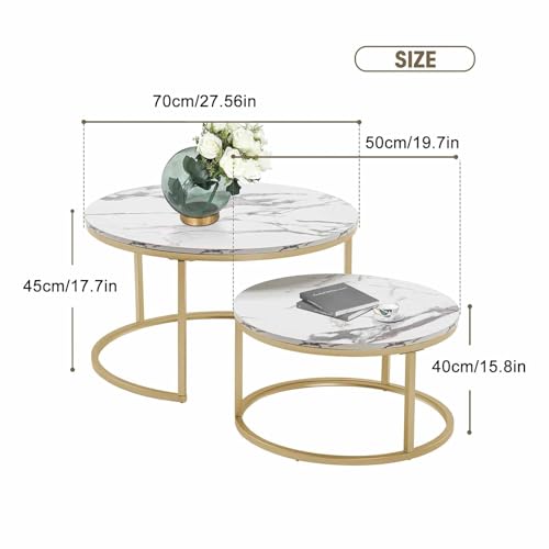 Nowoczesny okrągły zestaw stolików kawowych, 27,56" biały blat z imitacji marmuru ze złotymi metalowymi nogami, składane stoliki kawowe salonu, nowoczesny design z połowy XX wieku