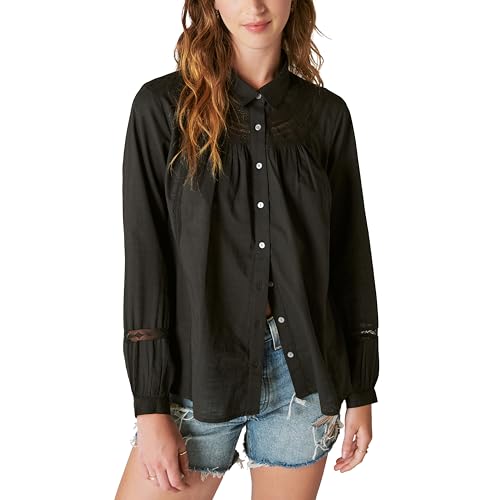 Lucky Brand Women's Lace Trim Button Down Shirt, Meteorite, XS at