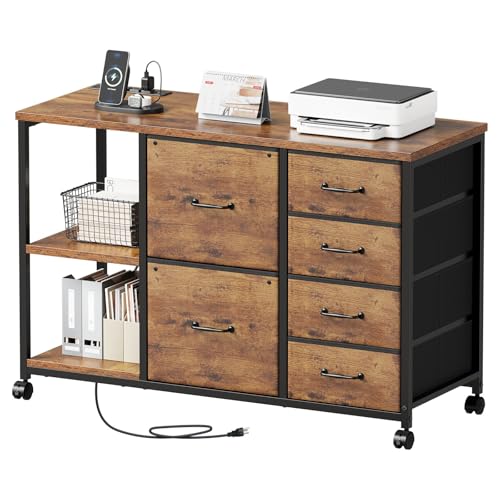 Maihail 6 Drawer File Cabinet with Charging Station Rolling Printer Stand with Open Storage Shelf...