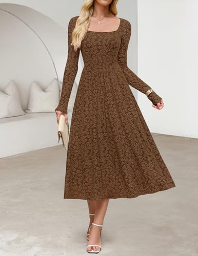 MEROKEETY Women's Floral 2025 Fall Midi Dresses Long Sleeve Square Neck Flowy A Line Wedding Ruched Dress Pockets2