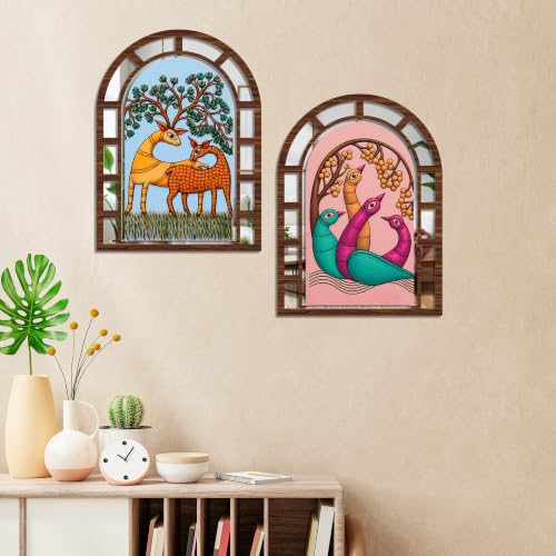 Image of Artvibes Nature Home Wall Decoration | Jharokha Mirror | Wall Hanging Decor for Living Room, Bedroom, Hall, Dining Room, Foyer, Office & Entryway | Gift (WH 12040N), Set of 2