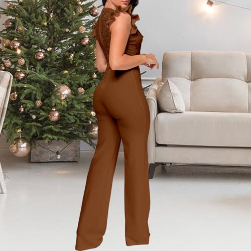 Image of PaladMom Womens Elegant Plus Size Jumpsuits Sexy Back zipper Short Sleeve Mid Waist Wide Leg Straight Rompers