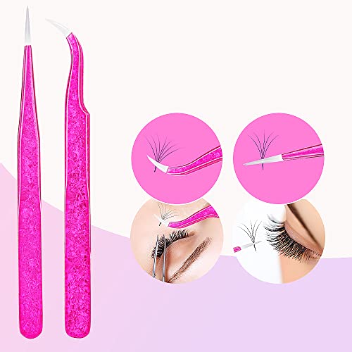 2PCS Eyelash Extension Lash Tweezer Sets Stainless Steel Lash Tweezers for Volume False Lash Application Packed in cosmetic Storage Bag