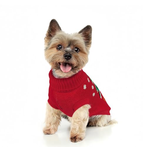 Image of Cozy Stretch Dog Turtleneck Sweater -Dog Christmas Sweater Pullover, Soft Warm Knit Dogs Sweaters for Boy & Girl Pets,Cold Weather Outfit for Small Medium Large Pups,Red Tree XS