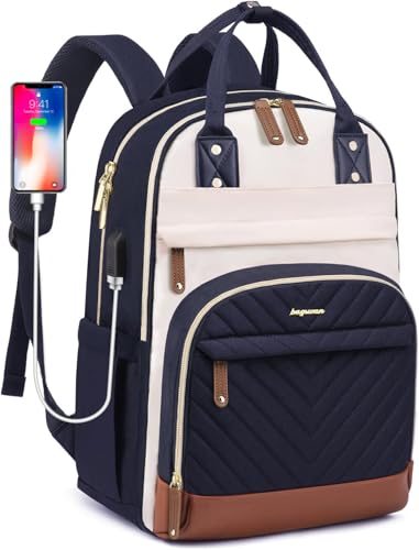 Laptop Backpack for Women, Fits 15.6 Inch Laptop Bag, Fashion Travel Work Backpack Anti-theft Bag with USB Charging, Business Computer Waterproof Backpack Purse, Beige Blue Brown
