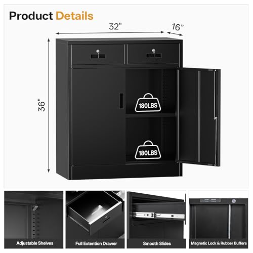 Image of Metal Storage Cabinet, 36 Inch Tall Locking Cabinet with 2 Doors and 2 Drawers, Metal Cabinets with Adjustable Shelf, Garage Cabinets for Garage, Warehouse, Classroom, Home Office, Black