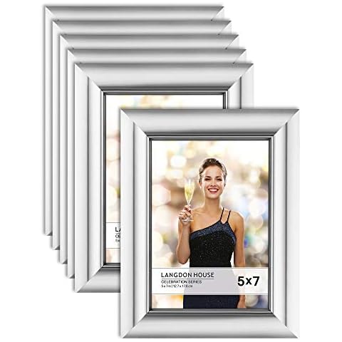 Langdon House 7x5 Picture Frames (Silver, 6 Pack), Contemporary Glam Photo Frames 7 x 5, Wall Mount or Table Top, Celebration Collection Cover