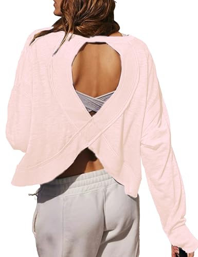 Fhniepan Women's Open Back Workout Top Casual Long Sleeve Athletic Shirts Backless Crop Gym Yoga Tee(Pink,L)