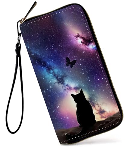 Womens Wallet, Large Capacity RFID Blocking PU Leather Wristlet Wallets for Women Ladies Men Credit Card Holder Zipper Phone Holder Clutch Travel Purse, Galaxy Cat