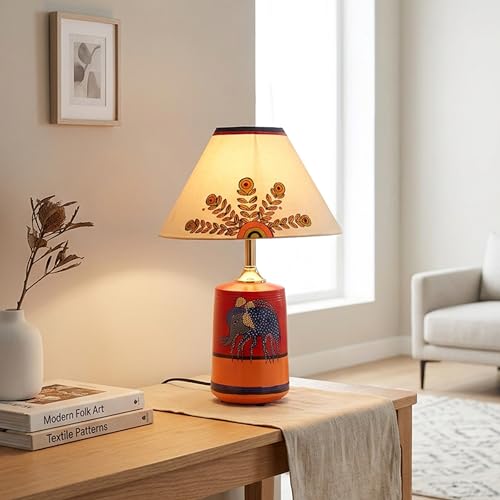 Image of AAKRITI ART CREATIONS Terracotta Table Lamp for Study Room, Bedroom & Living Room Decoration | Madhubani Tree of Life Bedside Lamp with Cotton Fabric Shade | Aesthetic Night Lamp