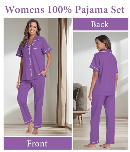Image of CF Womens 100% Cotton Pajamas Set Button Down Pjs Sets Short Sleeve Top & Long Pants Sleepwear Comfy Loungewear with Pockets