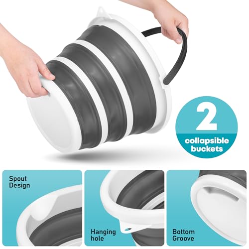Image of Superio Collapsible Bucket 2 Gallon Bucket with Handle Grey Car Wash Bucket Small Foldable Silicone Pail for Camping, Fishing, Cleaning, Mopping, 10 Liter, 2