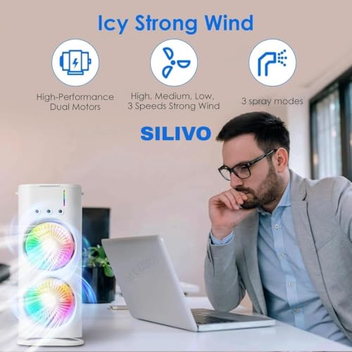 Image of Double Fan Mini Cooler, 2026 USB Rechargeable Air Cooler with LED, Remote & 280ml Tank, 3-Speed Quiet Dual Spray Fan for Home, Office, Energy Saving by SILIVO