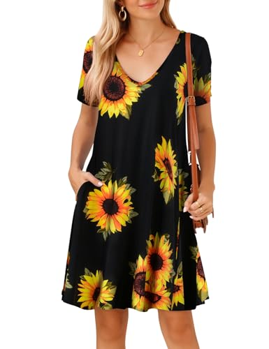 Image of JollieLovin Women T Shirt Plus Size Summer Swing Dresses Short Sleeve V Neck Loose Casual Dress(L-5X)