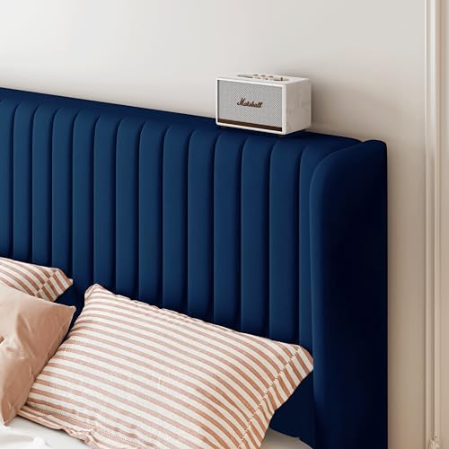 Image of SHA CERLIN Queen Size Velvet Bed Frame, Tufted Wingback Headboard, Blue | 47'' Modern Vertical Channel Headboard, Upholstered Platform Bed, Wood Slats, No Box Spring Needed, Easy Assembly, Noise Free