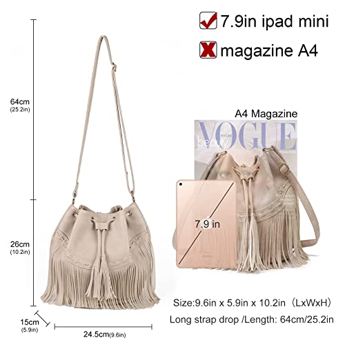 Leather Bucket Bags For Women Crossbody Purses With Drawstring Ladies Tassel Hobo Shoulder Handbags White #TOP2