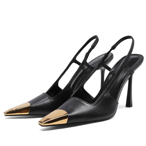 Black Slingback High Heels for Women Metal Pointed Toe Stiletto Heels Closed Toe Pumps Patent Leather Dress High Heels3