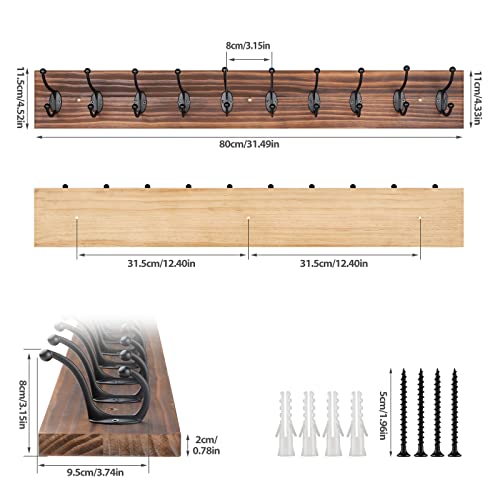 PHINGEER Wall Mounted Coat Rack,Vintage Wooden Coat Hooks for Wall,Heavy Duty 10 Dual Coat Hangers for Hanging Coats Jacket,Hat,Clothes,Brown (10 Hooks) - Image 2
