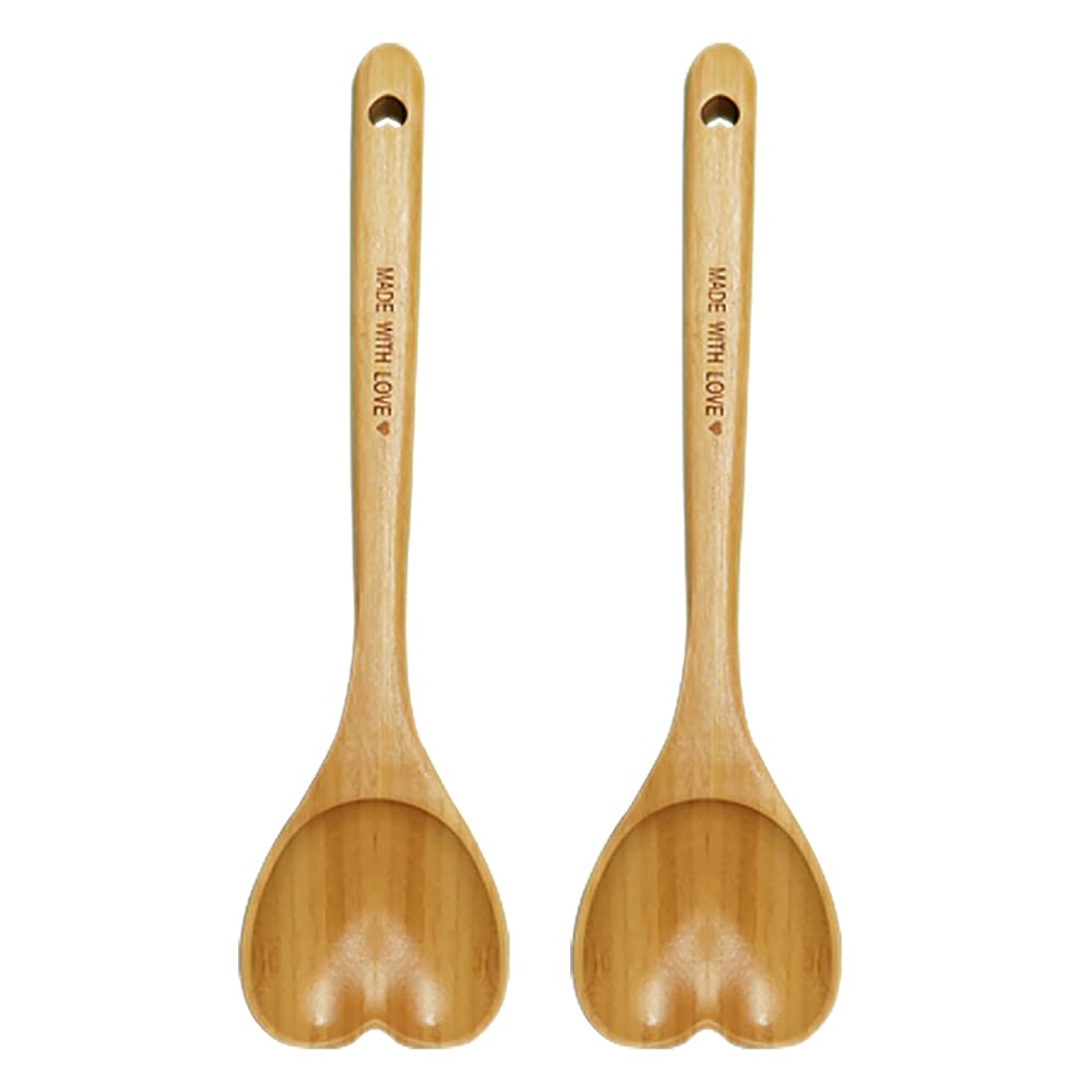 2 pack HINOSI 12” Heart Shaped Spoon Engraved with "Made With Love" -Bamboo cooking kitchen utensil - Unique Gift for Mother's Day, Birthday, Girlfriend and Grandma