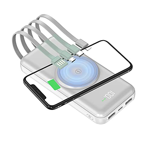 15800mAh Wireless Portable Charger Power Bank with Built in 4 Cable, 6 Outputs & 3 Inputs Fast Charging External Power Delivery USB-C Battery Pack, Compatible with iPhone, Samsung, AirPods and More