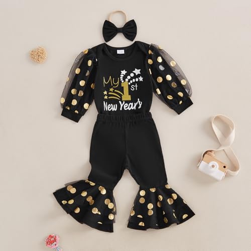 My First New Years Baby Girl Outfit 0 3 6 12 Months Newborn Long Sleeve Romper Onesie Flare Pants Clothes Set3