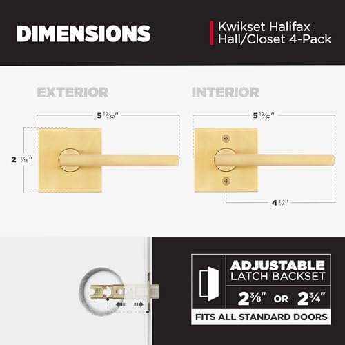 Image of Kwikset Halifax Interior Square Passage Door Handle, Lever for Closet and Hallway Doors, Reversible Non-Locking Handle Lever, Satin Brass 4 Pack