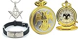 3 Piece Jewelry Set - Freemason Pendant, Bracelet & Scottish Rite Pocket Watch - Gold Tone Steel 32nd Degree Masonic Order Symbol