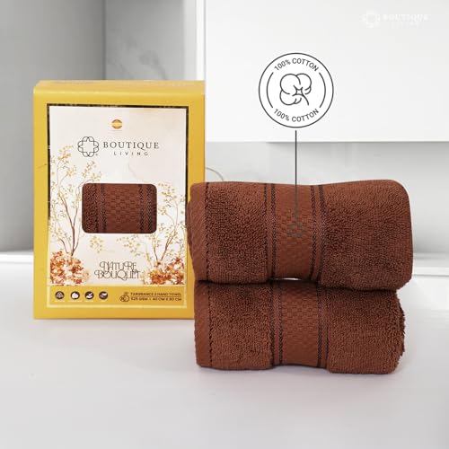 Image of BOUTIQUE LIVING Nature Bouquet (Sandalwood Fragrance) 100% Cotton 525 GSM Brown Hand Towels - Pack of 2