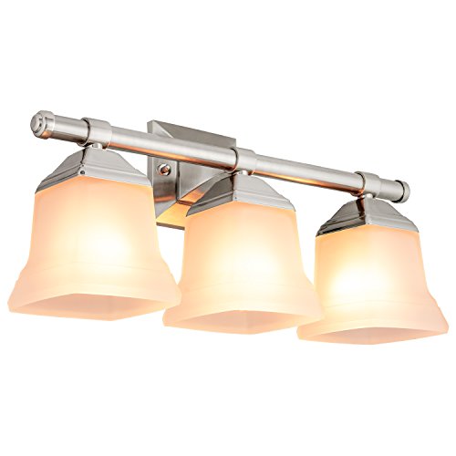 Image of Sunlite 46063 20 inch Modern Square Bell Vanity Wall Mount Light Fixture, Medium Base (E26) Socket, Standard A19 Bulb Required (100W Max), Frosted Glass Shade, ETL Listed, 3 Light Brushed Nickel Finish
