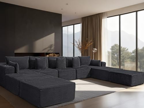 Image of 168 inch Cloud Sectional Couch, Comfort U Shaped Sofa for Living Room, Extra Deep Seats No Assembly, Minimalist Modular Couch, Corduroy (Dark Grey, 9 Seats,U-Shape B)