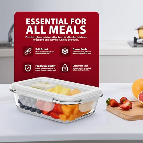 ZENO Glass Food Storage with Lids 4 Pack | 1000ml Airtight Food Containers | BPA Free Food Storage Containers with Plastic Locking Lids | Glass Meal Prep Lunch Box Takeaway Containers - Image 4