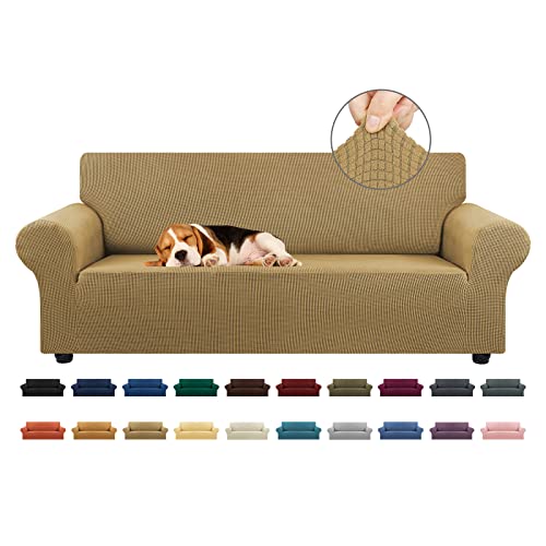 KEKUOU Stretch Sofa Cover Slipcover ,Couch Covers for 3 Cushion Couch Sofa pet Friendly (79"-94") Furniture Protector Sofa with Elastic Bottom for Kids,Dog, Jacquard Small Checked(Large,Tan)