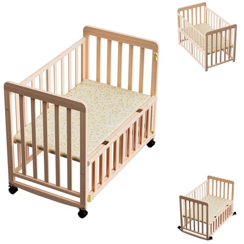 FHUKMZOI 3-in-1 Mini Baby Crib - Baby Bassinets Bedside Sleeper, Solid Pine Wood Baby Bed with Adjustable Height, Natural Small Crib with Mattress & Lockable Wheels for Infant Baby Newborn