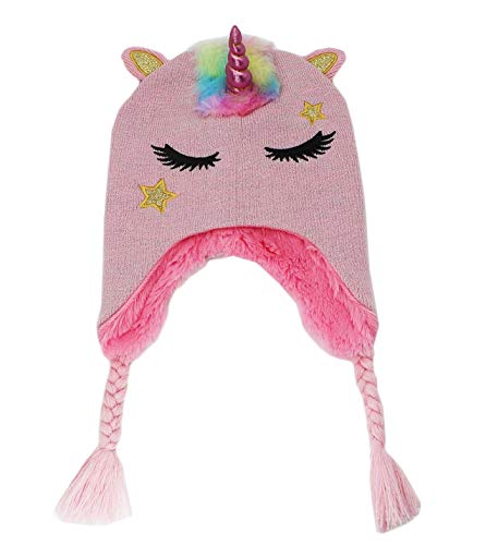 Kids Girls Winter Unicorn Beanie Hat Shining Glitter Knitted Earflap Fleece Lined Cap Toddler Little Girls Pink #TOP1