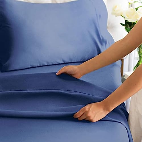 Image of Flat BedSheet with 2 Pillow Covers 600 TC 100% Egyptian Cotton Bedsheet Comfortable & Durable Hotel Quality Sheet (Queen 90x102, Navy Blue)