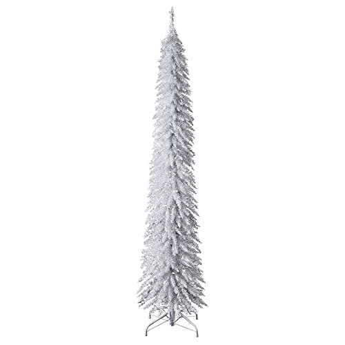 Home Heritage 7ft Slim Silver Tinsel Christmas Tree — Pre-Lit with 150 Warm White LED Lights and 457 Branch Tips — Indoor Holiday Decor
