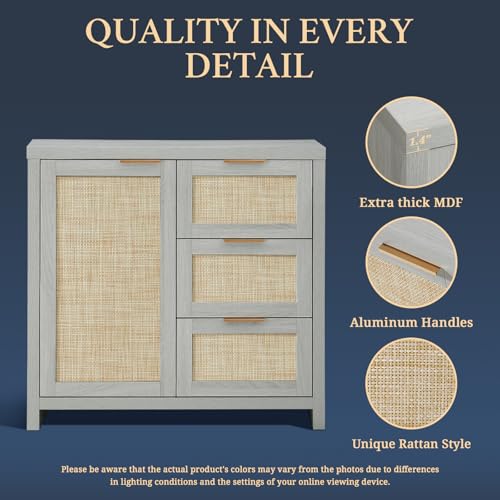 Image of OAKHAM HOME Hampstead 3 Drawer Storage Cabinet Accent Storage Cabinet with Rattan Drawers, Buffet Kitchen Cabinet Sideboard Buffet with Adjustable Interior Shelves for Living Room, Hallway, Pale Oak