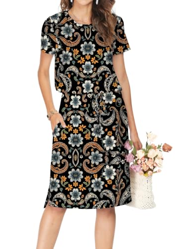 Image of Simier Fariry Womens Summer Hide Belly Knee Length Travel Dress Pocket Short Sleeve Midi Work Casual Outfits