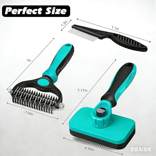 Image of Professional 3PCS Self Cleaning Slicker Brush & Pet Grooming Rake & Flea Comb for Dogs,Cats and Horses | Double-Sided Dematting Comb & Skin Friendly Deshedding Grooming Tool (Cyan)