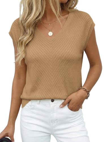 Image of Dokotoo Sweaters for Women 2026 Summer Eyelet Cap Sleeve Knitted Vest V Neck Business Casual Loose Pullover Tank Tops