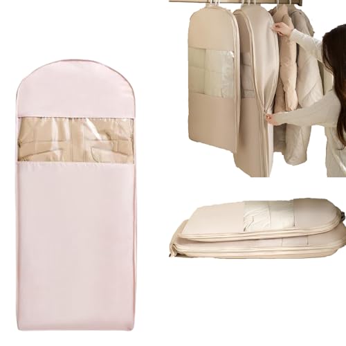 Space Saving Hanging Garment Bag with Self Compression Zipper, Garment Bags for Travel, Space Saver Closet Organizers, Dust Cover Clothes Bags for Down Coat (Beige, L)