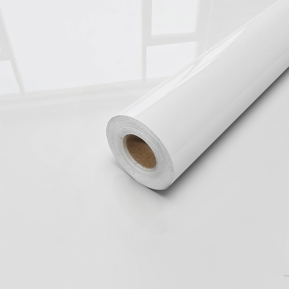 Selbstklebend Tapete Weiß Glänzend Klebefolie Möbel Wandpapier Selbstklebende Wandaufkleber 40x1000cm Dekorative Vinyl Möbelfolie Selbstklebende Folie für Möbel Küche Schrank Wasserdicht