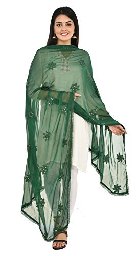 Image of YOUTHQUAKE Flower Embroidered Diamond Work Chiffon Dupatta for Womens & Girls With 4 Side Lace