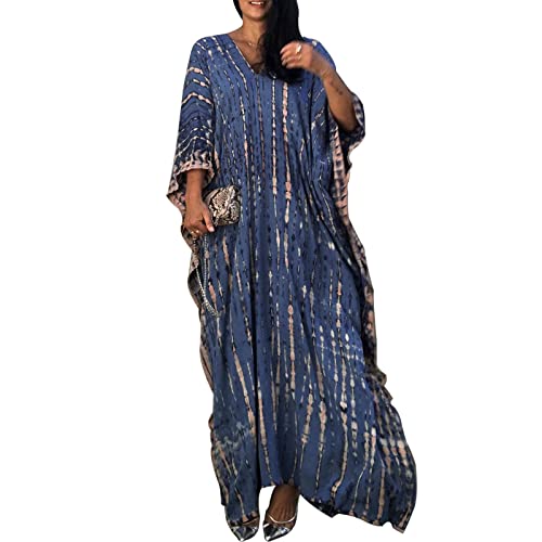Baynetin Women Kaftan Dress Free Size Loose Long Caftans Short Sleeve Tunic Kimono Everyday Swimwear Beach Bathing Suit Cover Ups Loungewear Robes (Dark Blue One Size)